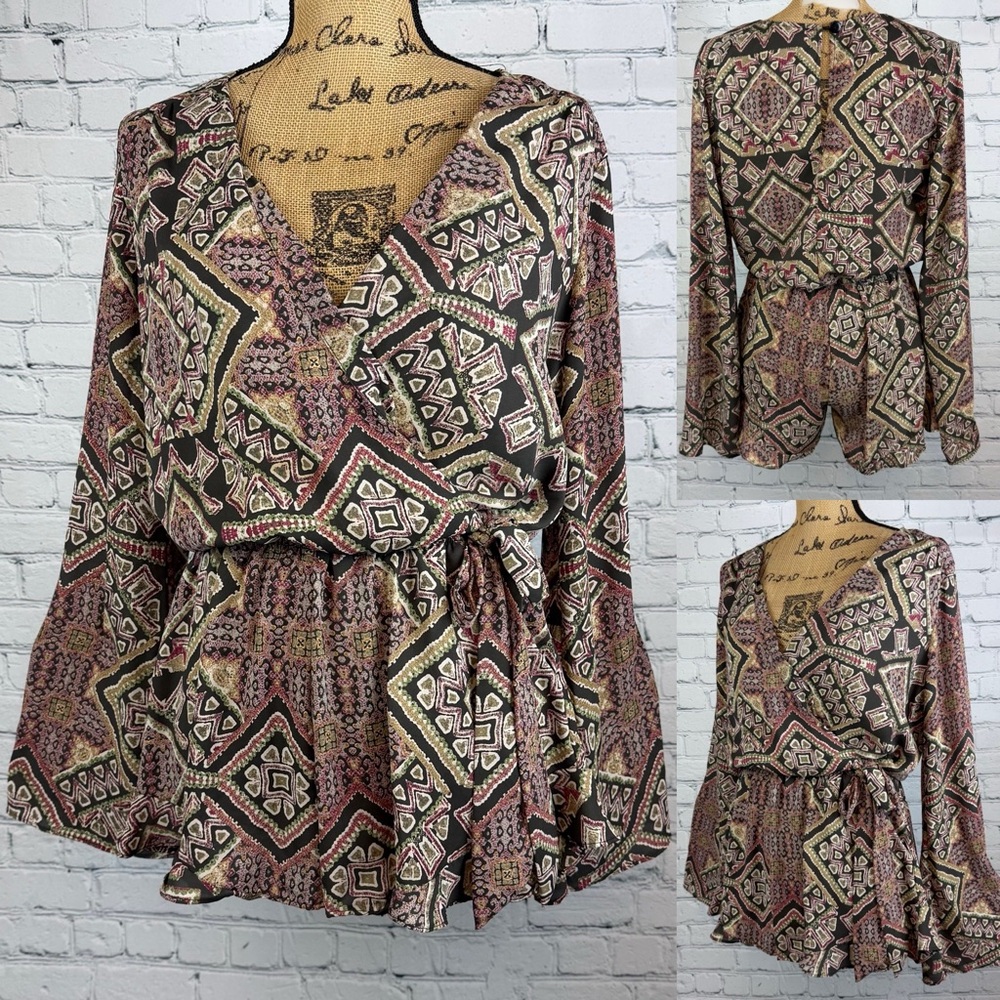 Caramela Geometric Cross Front Long Flare Sleeve Romper